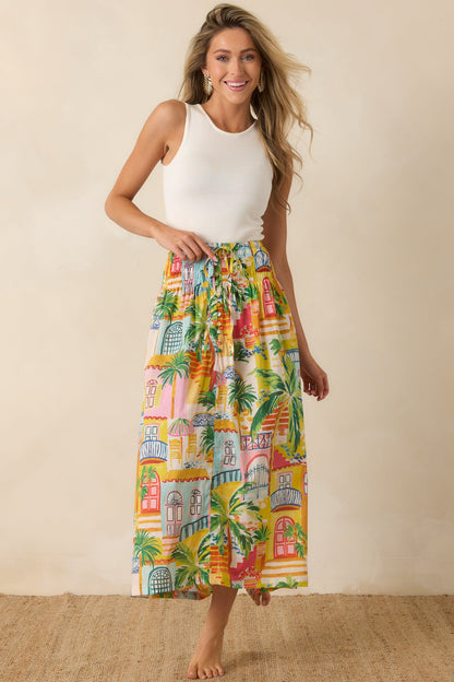 Paradisa Lucia Multi Coastal Village Print Cotton Maxi Skirt