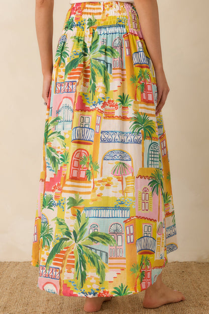 Paradisa Lucia Multi Coastal Village Print Cotton Maxi Skirt