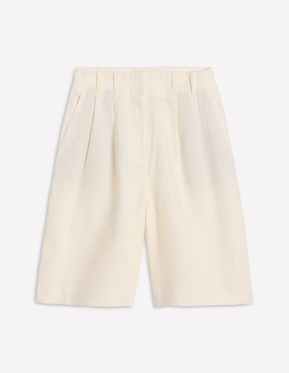 Pleat Linen Wide Leg Shorts-Ivory
