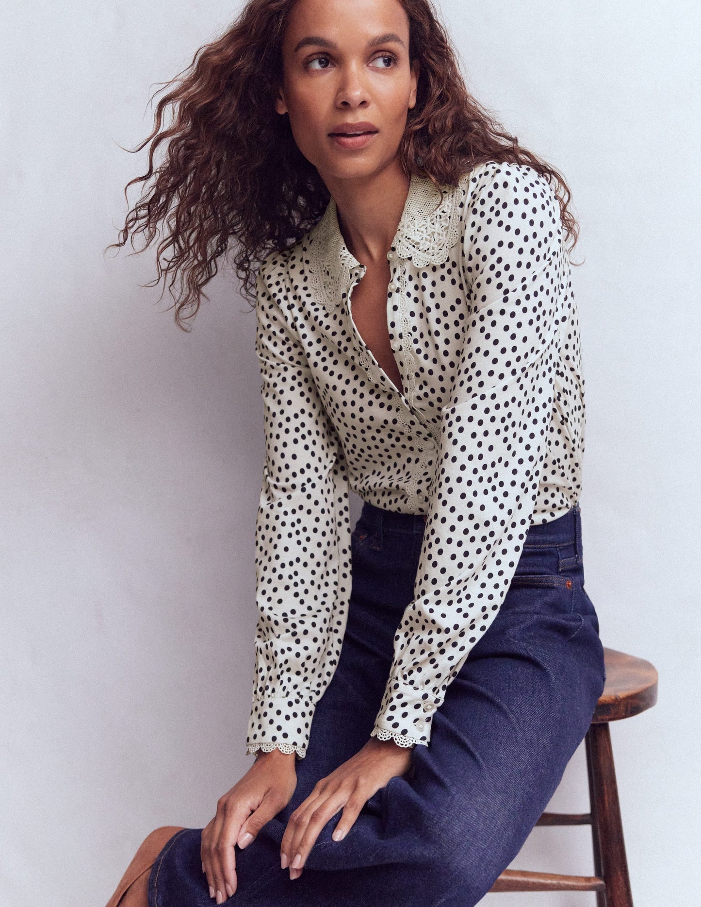 Lace Collar Blouse-Ivory, Painted Dot