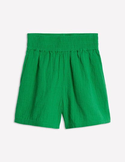 Smocked Double Cloth Shorts-Sapling Green