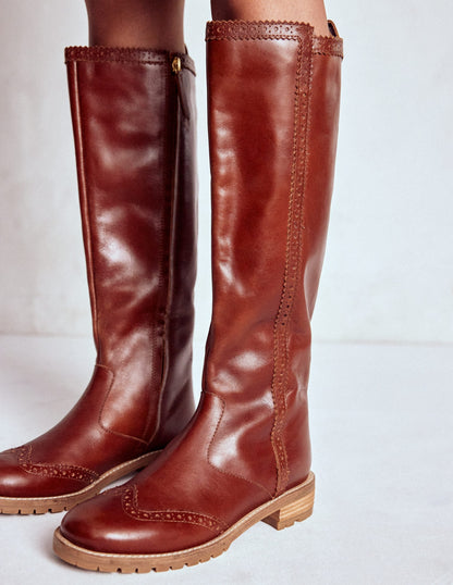 Brogue Detail Knee Boots-Tan