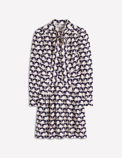 Tie Neck Short Dress-French Navy, Geo Swan