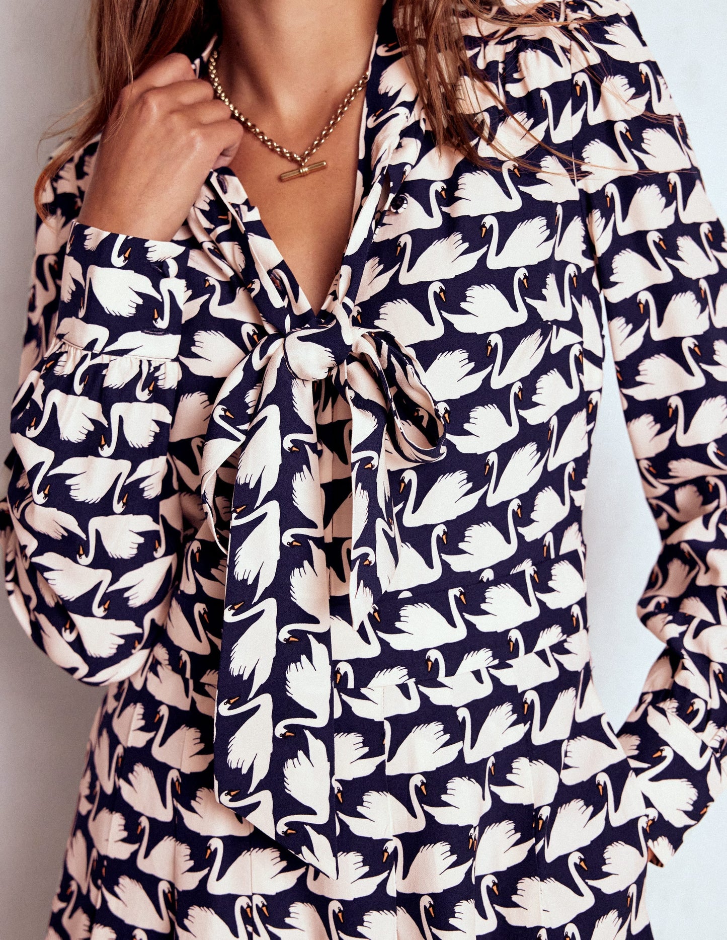 Tie Neck Short Dress-French Navy, Geo Swan