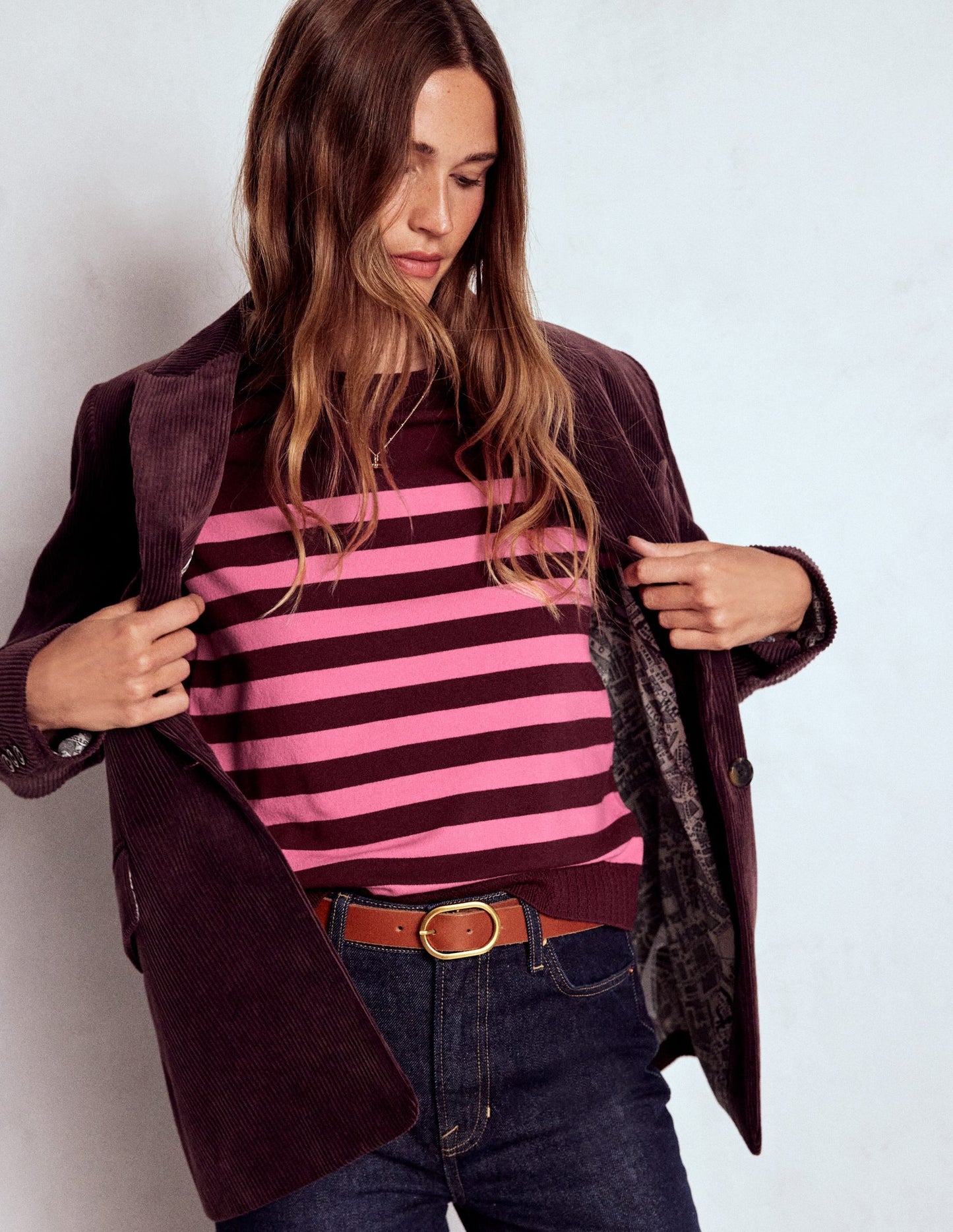 Emilia Cotton Crew Sweater-Chestnut/Pink Stripe