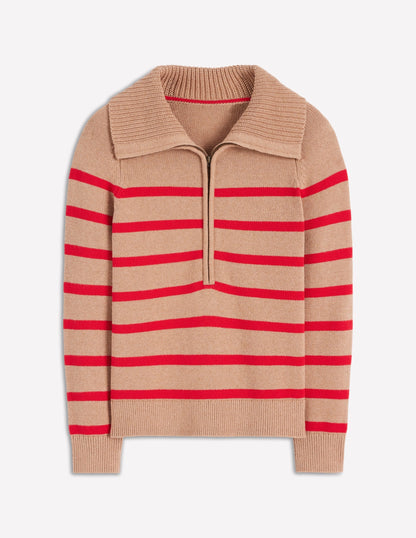 Lucy Half Zip Sweater-Camel Melange, Red Stripe