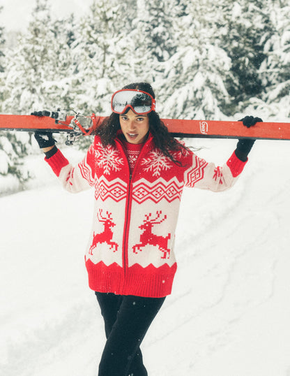 Zip Up Jacquard Cardigan-Poppy Red Reindeer