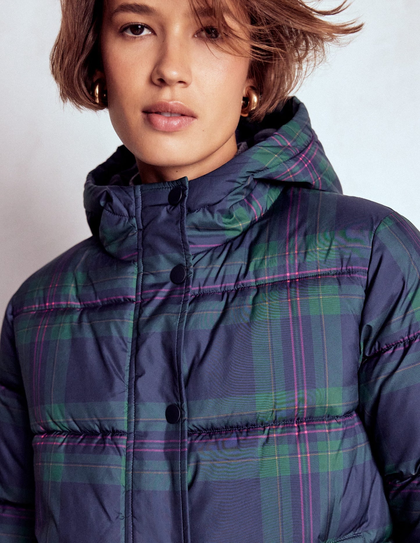Padded Puffer Coat-Navy & Green Tonal Check