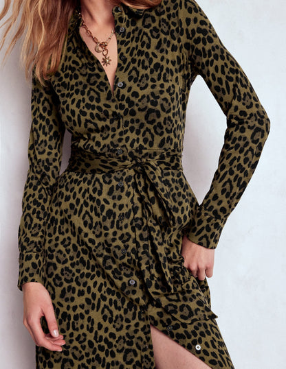 Marcia Jersey Shirt Dress-Military Olive, Brushed Animal