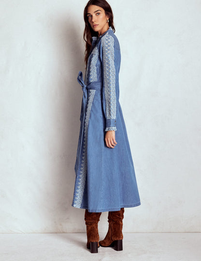 Ruffle Placket Chambray Dress-Light Blue Chambray