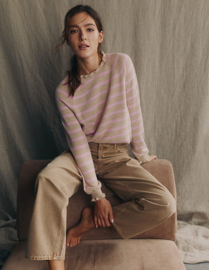 Fae Fair Isle Frilled Sweater-Camel, Pink Stripe