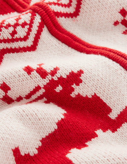Zip Up Jacquard Cardigan-Poppy Red Reindeer