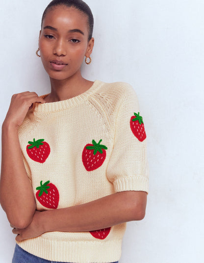 Margot Puff Sleeve T-Shirt-Warm Ivory Strawberry
