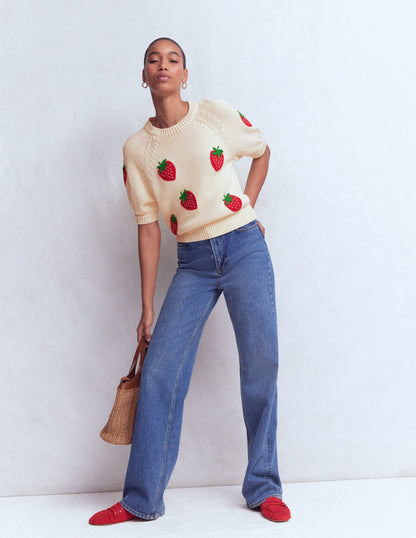 Margot Puff Sleeve T-Shirt-Warm Ivory Strawberry