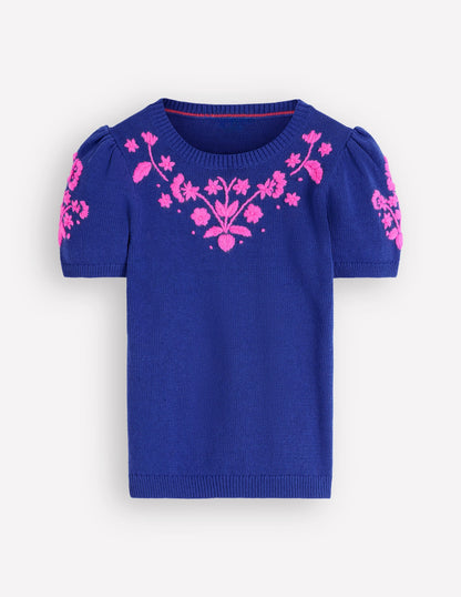 Monica Knitted T-Shirt-Blue Embroidery