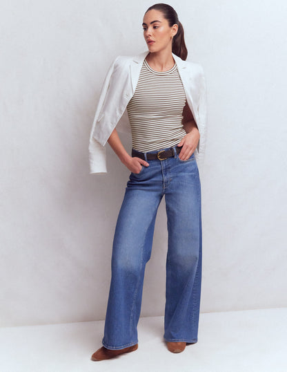 Ribbed Racer Vest-Ivory & Brown Stripe