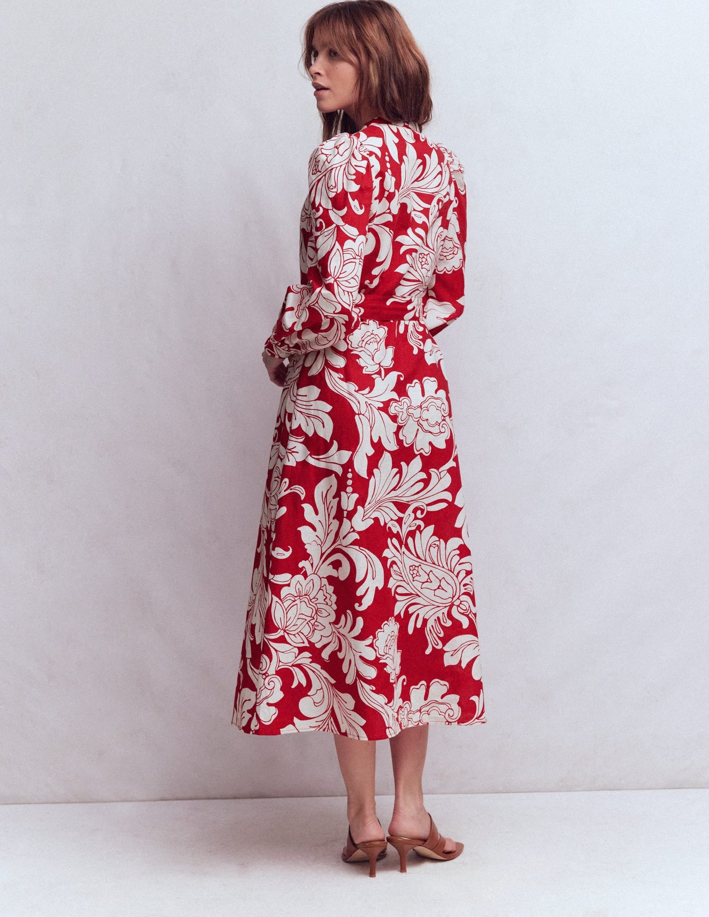 Ava Linen Blend Midi Dress-Salsa, Botanical Flourish