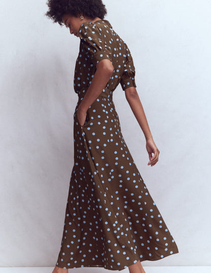 High Neck Belted Dress-Raw Umber, Painted Dot