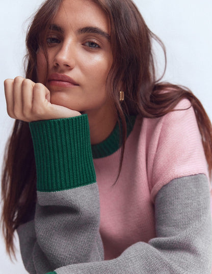 Lucy Relaxed Cotton Sweater-Pink, Grey, Green