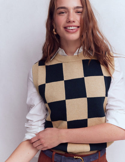 Lucy Cotton Vest-Camel / Navy Check