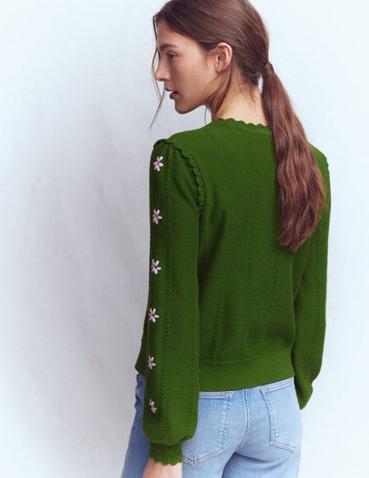 Valeria Crochet Trim Cardigan-Promenade Green , Embroidery