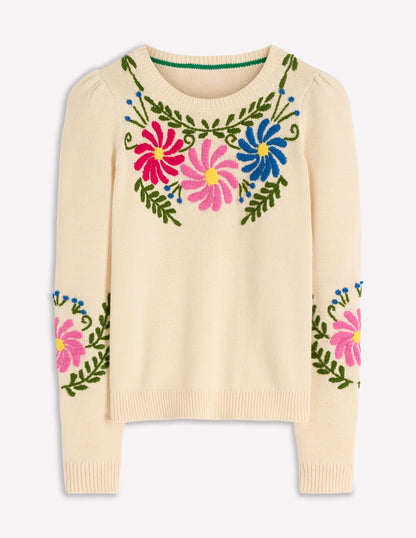 Davina Puff Sleeve Sweater-Ivory Embroidery