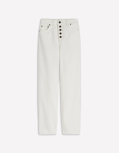 Exposed Button Straight Jeans-Ecru