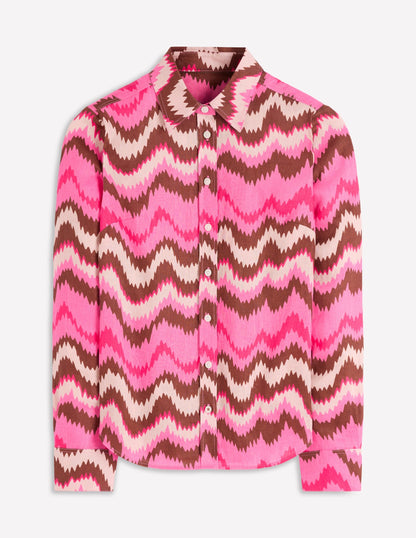 Sienna Linen Shirt-Pink Punch, Zig Zag Wave