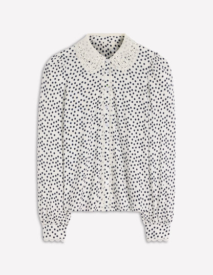 Lace Collar Blouse-Ivory, Painted Dot
