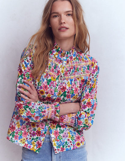 Esme Smocked Detail Frill Top-Multi, Blossoming Garden