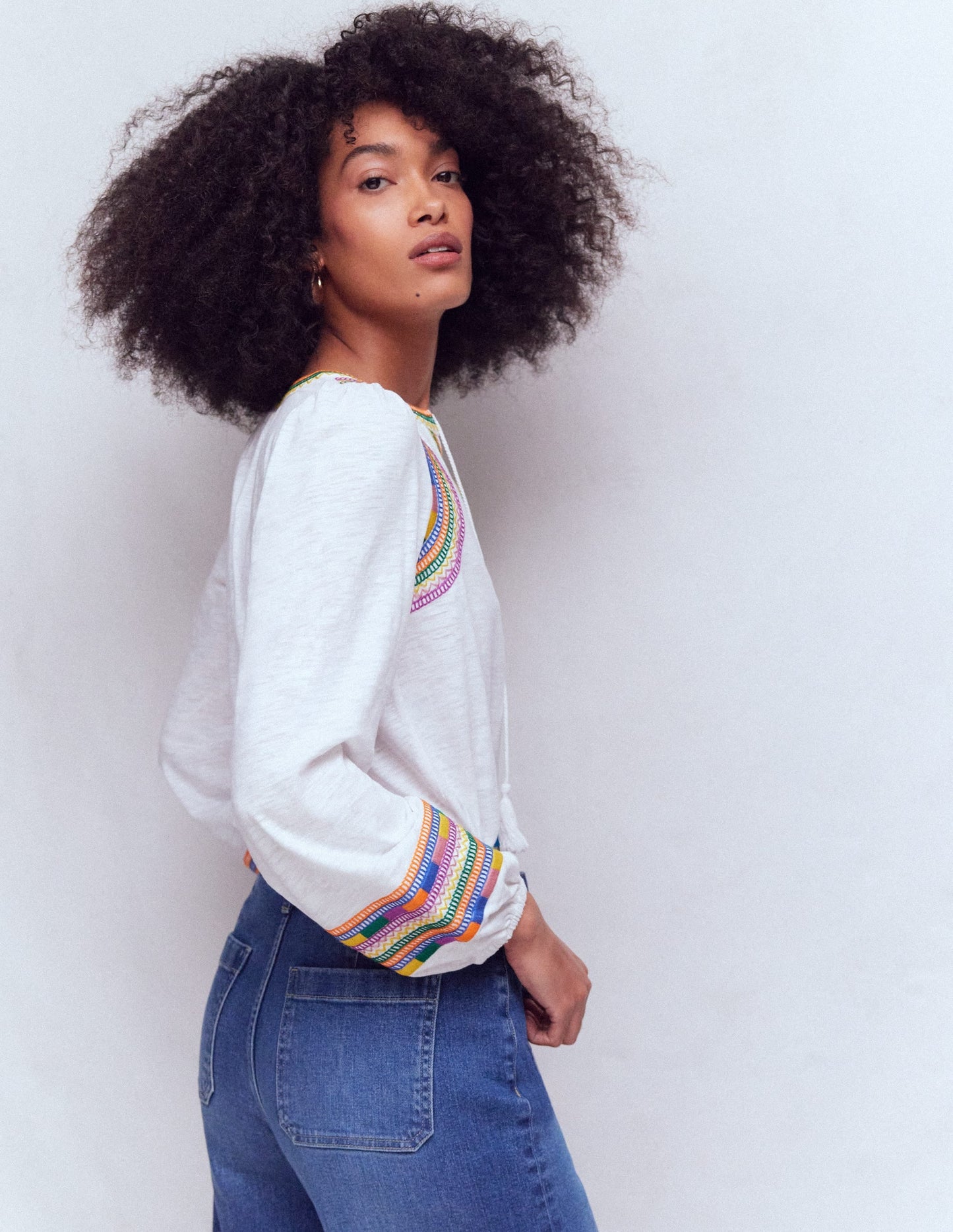 Notch Neck Embroidered Top-White Multi Embroidery
