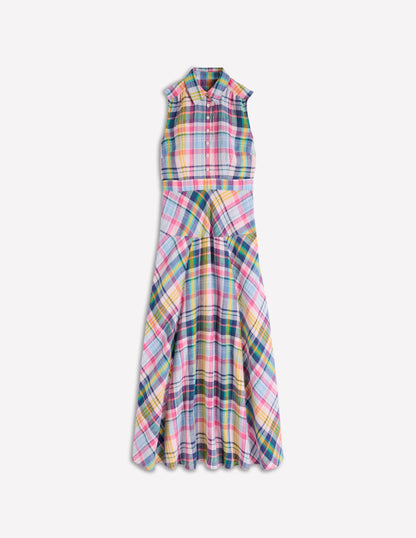 Erma Drop Waist Linen Dress-Blue, Pink and Green Madras