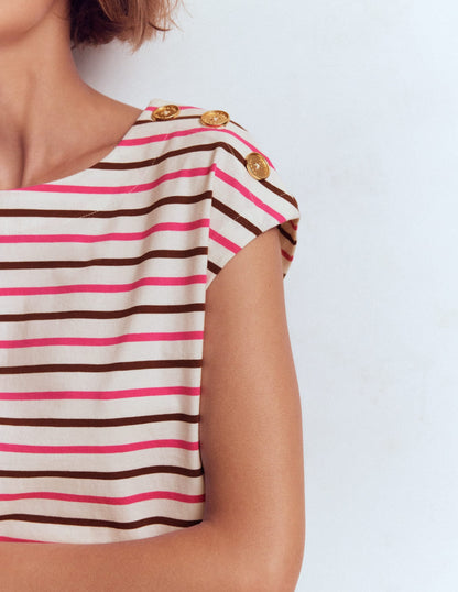 Button Detail T-Shirt-Pink Peony, Raw Umber Stripe