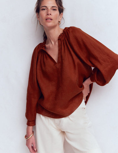 Serena Pleat Neck Linen Top-Burnt Henna