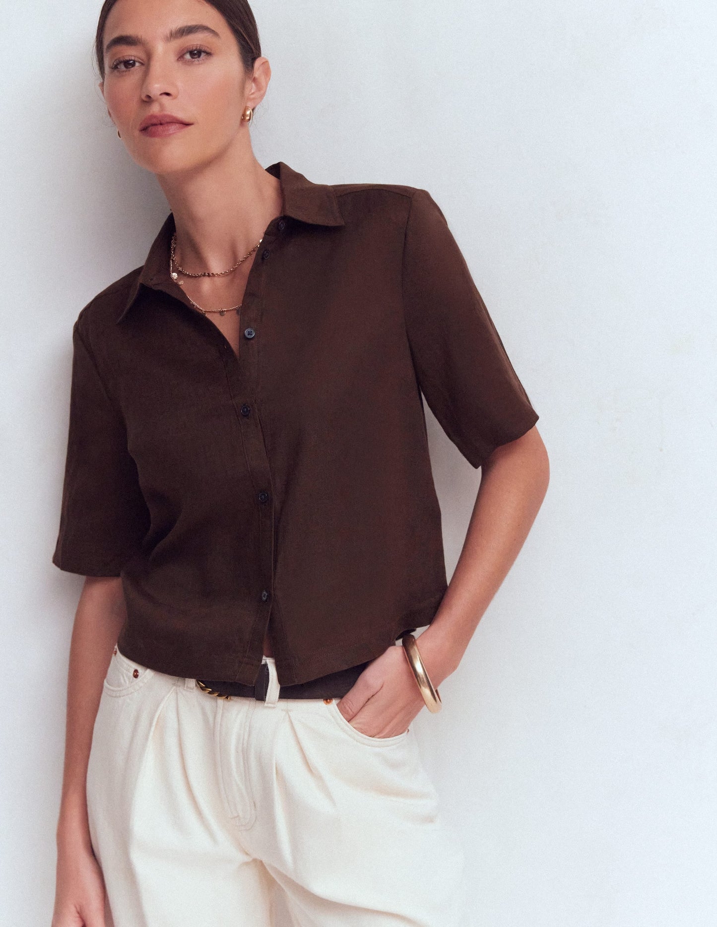 Short Sleeve Linen Shirt-Bitter Chocolate