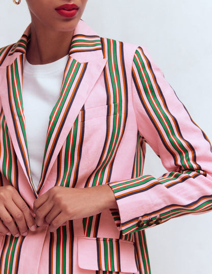 Woodbridge Linen Blazer-Pink, Rich Emerald Stripe