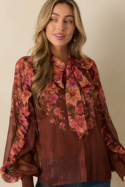 Forever Falling Brown Multi Floral Print Bow Blouse