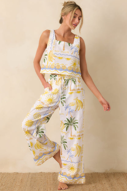 Paradisa Gulf Coast White Multi Linen Blend Tropical Print Pants
