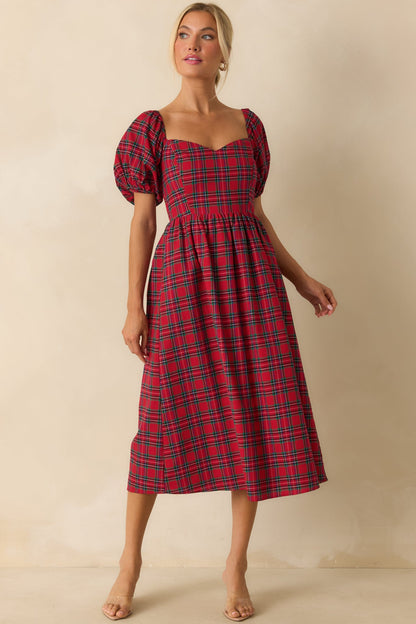 Always You Cotton Red Plaid Puff Sleeve Midi Dress