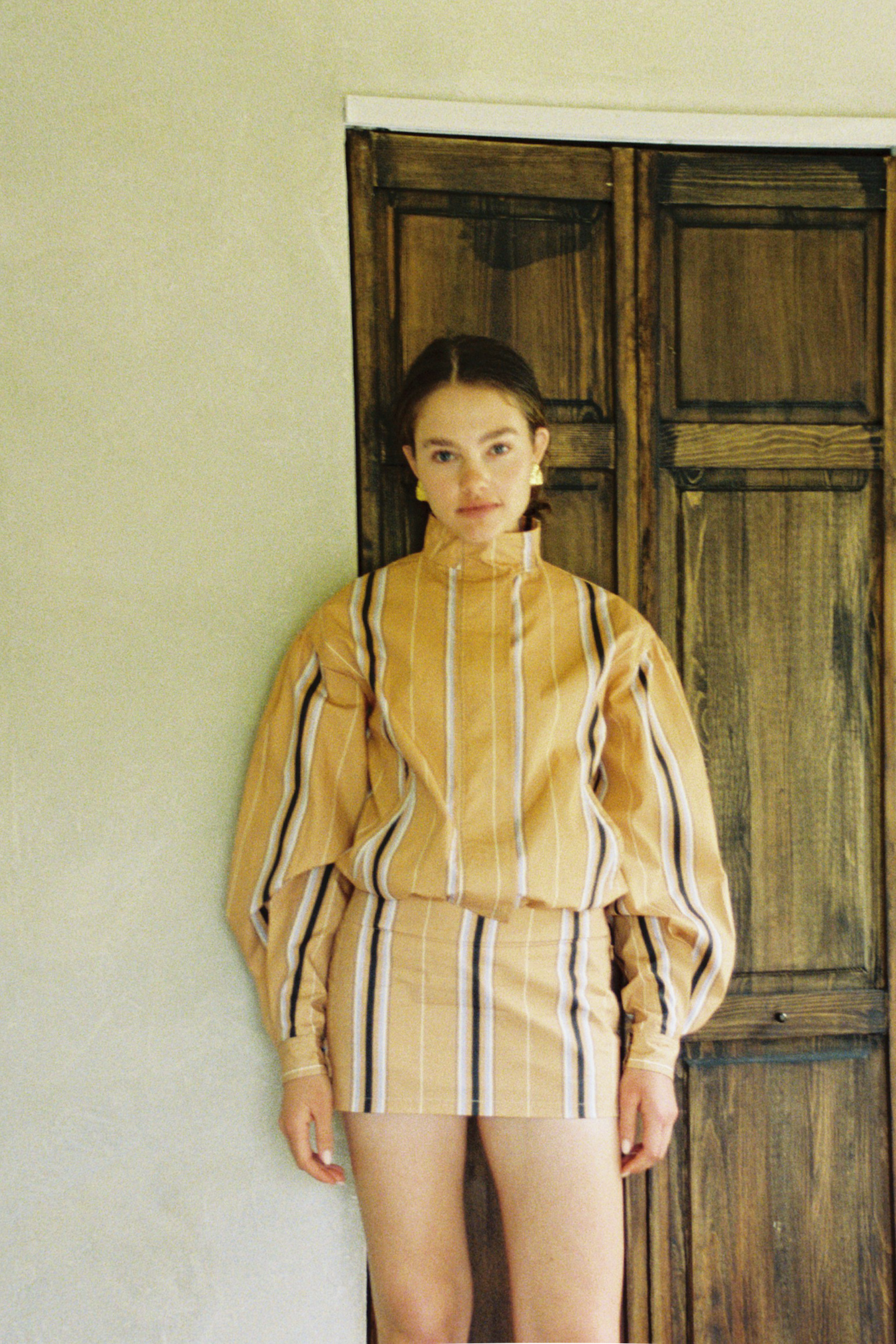 Stacy Cotton Boxy Jacket — Camel Striped
