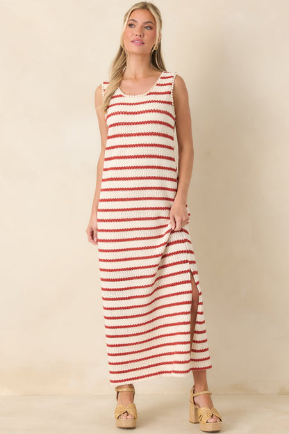 Worth Talking About Red & Ivory Stripe Knit Sleeveless Maxi Dress