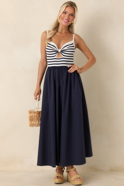 Exactly Like This Navy Stripe Ribbed Knit Cutout Cotton Maxi Dress