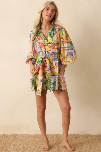 Paradisa Conch Key Multi Coastal Village Print Cotton Mini Dress