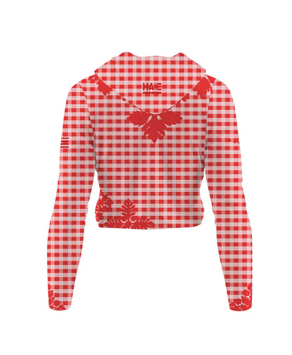 Palaka Kuiki Wahine V-Neck Hooded Crop Longsleeve Drifit Red