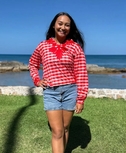 Palaka Kuiki Wahine V-Neck Hooded Crop Longsleeve Drifit Red