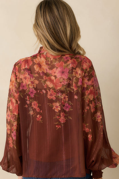 Forever Falling Brown Multi Floral Print Bow Blouse