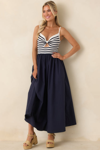 Exactly Like This Navy Stripe Ribbed Knit Cutout Cotton Maxi Dress