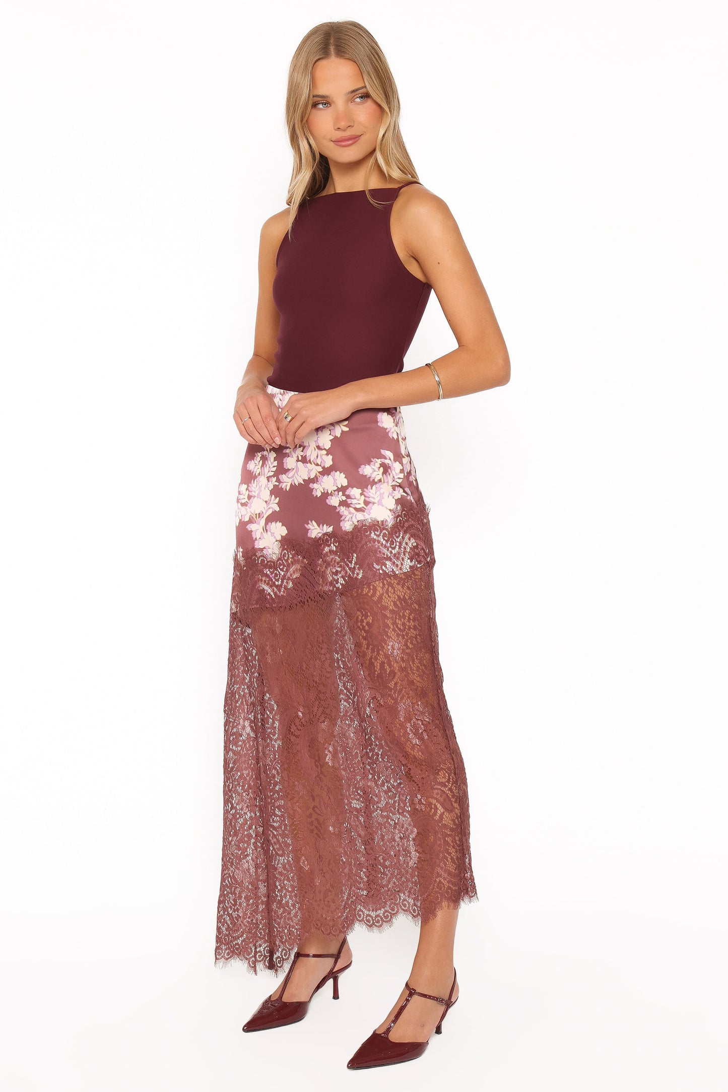 Ali Lace Trim Midi Skirt - Pink Rum Floral
