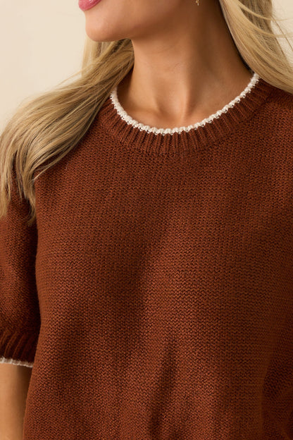 Never Looked Back Brown Contrast Trim Short Sleeve Sweater
