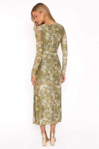 Chelsea Ruched Mesh Maxi Dress - Green Floral